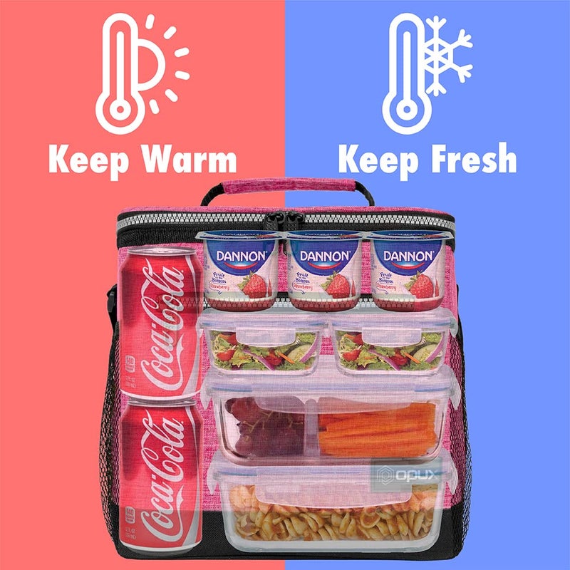opux Extra Large Insulated Lunch Box Men Women, Lunch Bag for Work, Leakproof Soft Cooler Tote Adult, Lunch Pail, Picnic Beach Collapsible Food Bag with Shoulder Strap, Pink - Image 2